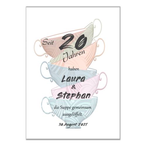 Poster zum 20 Hochzeitstag mit Namen Porzellanhochzeit Geschenk für Brautleute Wanddeko Din A4
