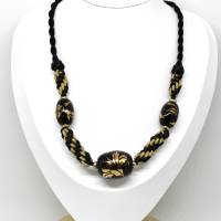 Vintage Halscollier Kette Stoffband Kordelband schwarz mit Gold Glasperlen Floral bemalt Drehverschluss Damenkette Bild 1