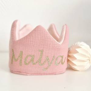 Geburtstagskrone personalisiert · Stoffkrone Musselin in ROSA · Krone für das Geburtstagskind | Baumwolle Stoffkrone Bild 3