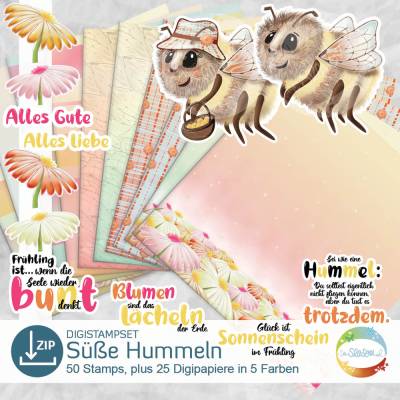 Digistampset Süße Hummeln, frühlingshafte Digistamps und Digipapiere mit Blumen, Körbchen und Sprüchen