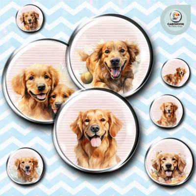 Cabochon Vorlagen Bilder Bogen - Golden Retriever Hunde - 10 mm, 12 mm, 14 mm und 25 mm rund