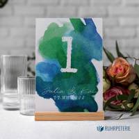 10 Tischkarten Aquarell blau grün DIY Hochzeit | Tischnummer personalisiert | PDF Vorlage Bild 1