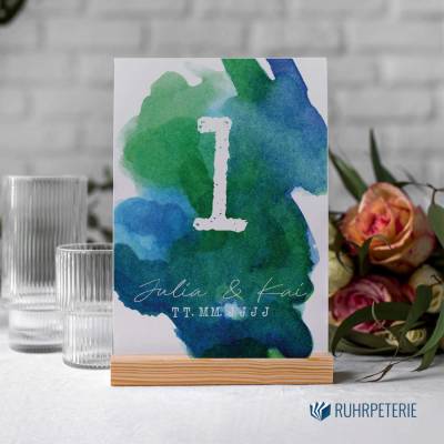 10 Tischkarten Aquarell blau grün DIY Hochzeit | Tischnummer personalisiert | PDF Vorlage