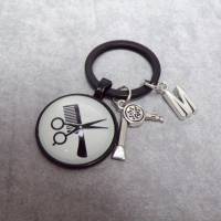 Friseur schwarz  Cabochon Rund  Schlüsselanhänger Schere Kamm personalisierbar Bild 2