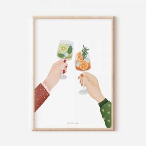 Poster Feiern Cocktails in Händen Kunstdruck Anstoßen Drinks Silvester - Wanddeko Küche Cheers Sekt Poster - Geschenk Be Bild 1