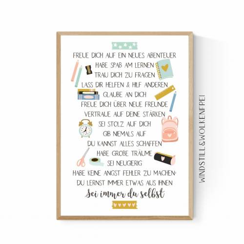 Geschenk zur Einschulung  Schulanfang Wünsche Mutmacher Poster Kinderzimmer Druck Mädchen