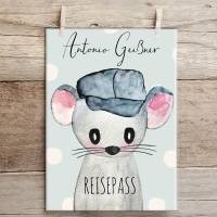 Reisepasshülle mit Namen, Reisepasstasche, personalisierte Reisepass Hülle mit Maus für Kinder Bild 1