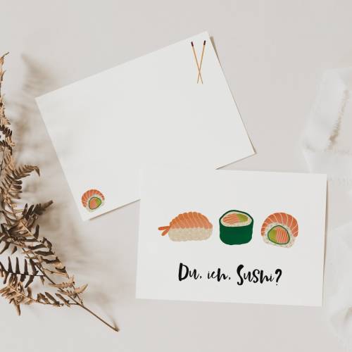 Postkarte Sushi A6 Einladung Sushi - Gutschein Sushi essen - Einladungskarte Freundin - Geschenkidee beste Freundin