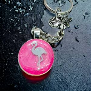 Flamingo Schlüsselanhänger Silber und Rosa mit Muschel und Seestern Anhänger, Resin handgmacht Bild 4