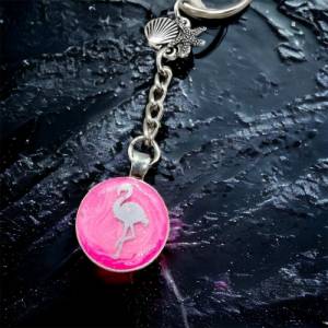 Flamingo Schlüsselanhänger Silber und Rosa mit Muschel und Seestern Anhänger, Resin handgmacht Bild 5