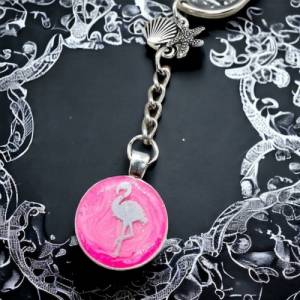 Flamingo Schlüsselanhänger Silber und Rosa mit Muschel und Seestern Anhänger, Resin handgmacht Bild 7