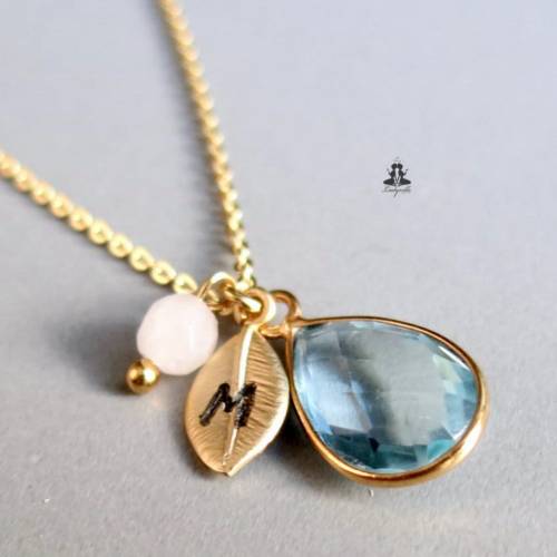 Personalisierte  Kette Topas, Rosenquarz und Blatt / Geschenk für Sie / Persönlicher handgemachter Schmuck