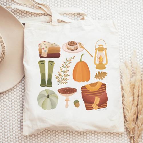 Stofftasche Herbst Jutebeutel Autumn Essentials - Bibliothektasche - Geschenk Herbst - Geschenkidee Herbstmuster - Jutet