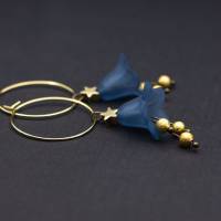 Ohrringe, Blüten, Creolen, blau, gold, Sterne, Glitzer Bild 2