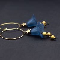 Ohrringe, Blüten, Creolen, blau, gold, Sterne, Glitzer Bild 4