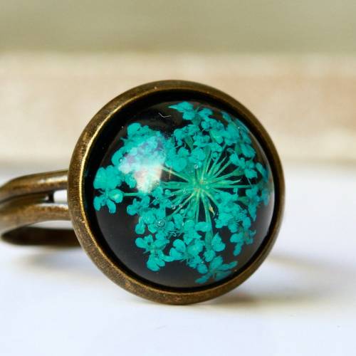 Ring gepresste Blüten Dillblüte Gießharz bronzefarbener Vintage Style oder modern silber Naturschmuck