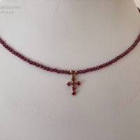 Rote Granatkette mit Granatkreuz 9 ct./375, facettierte rote Edelsteinkette, Geschenk Frauen, Handarbeit aus Bayern Bild 3
