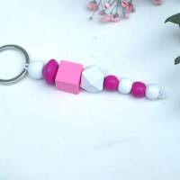 Schlüsselanhänger Taschenanhänger Holzperlen rosa pink und weiß Bild 1