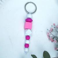 Schlüsselanhänger Taschenanhänger Holzperlen rosa pink und weiß Bild 2