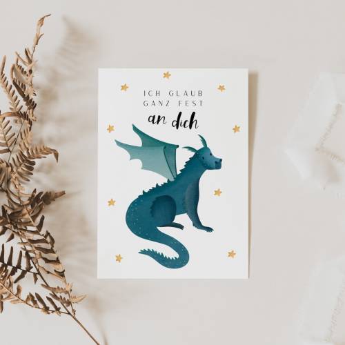 Postkarte Mut Drache Fantasie "ich glaub an dich" A6 Mutmachkarte - Karte Daumen drücken - Karte "du schaffs
