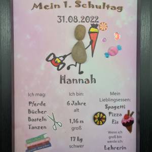 Liebevoll handgefertigtes Steinbild als Geschenk für das Schulkind (Mädchen) - Meilenstein - personalisiert - 3 Rahmenfa Bild 9