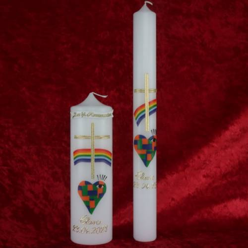 Kommunionkerze Taufkerze „Weites Herz – offene Augen“: Kunstvolles Mosaik aus handgefertigten Echtwachskacheln mit Regen