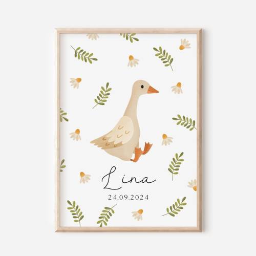 Geburtsposter Gans Geburtsgeschenk Wiese - personalisiert Geschenk Geburt Gänse - Poster Kinderzimmer - Geburtstafel
