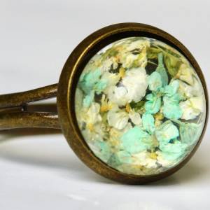 Ring gepresste Blüten Dillblüten Gießharz antik bronzefarbener Vintage Style oder modern Silber Naturschmuck Bild 6