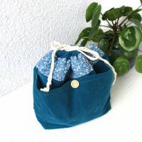 Projekttasche Handarbeitsbeutel Kordelzugbeutel aus Babycord und Baumwolle blau Bild 1