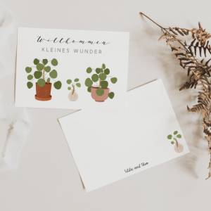 Postkarte Baby Geburt "Willkommen kleines Wunder" - Pilea Pflanze - Pflanze mit Ableger Geburtskarte Geschenk Bild 1