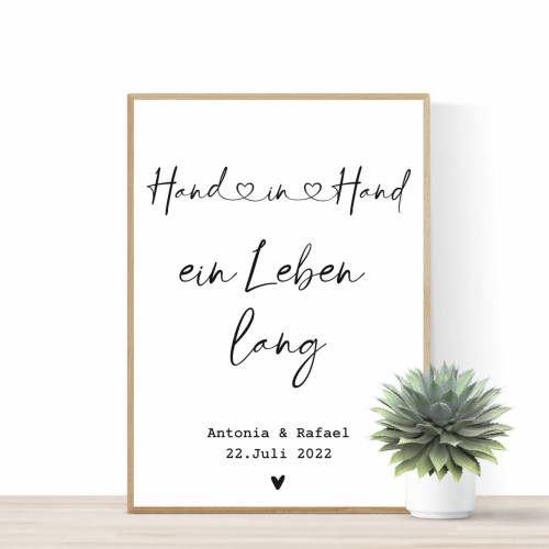 Hochzeitsgeschenk personalisiert mit Namen Datum | Hochzeitsbild Hand in Hand Brautpaar | Geschenk Hochzeitstag 