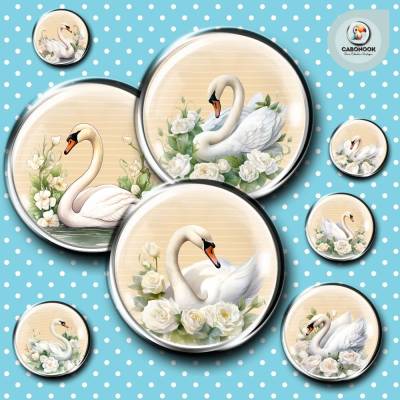 Runde Cabochon Vorlagen Bilder Bögen - Schwäne mit weißen Rosen - 10 mm, 12 mm, 14 mm und 25 mm 