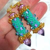 Ohrringe türkis lila Glasperlen handgestickt handgemacht polka dots Bild 4