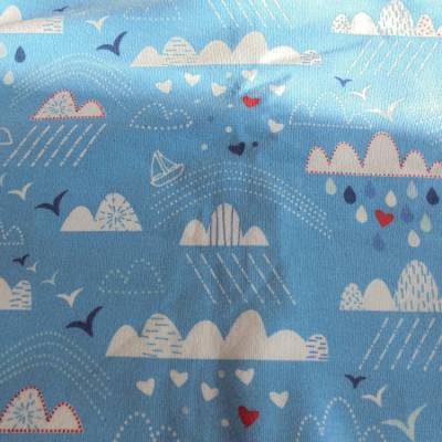 Reststück Stoff Baumwolljersey hellblau Wolken, Vögel 60 cm x 140 cm
