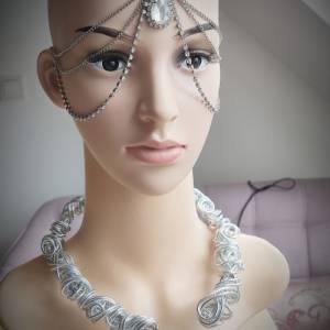 Aluminiumdraht-Halsreif , Halsreif silber , barockes Perlencollier,Medusa,offene Halskette, Ring groß silber,Halsreif si Bild 6
