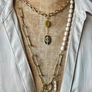 Kette Pusteblume Lagenlook mit Gliederkette vergoldet und Vintage Stein in oliv Bild 8