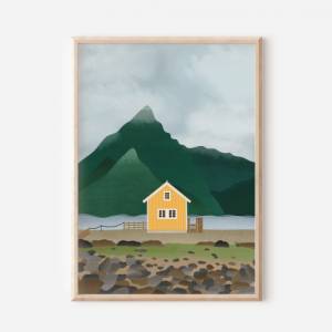 Norwegen Poster Reise Kunstdruck Skandinavien - Gelbes Haus im Fjord - Wanddeko Norwegen - Skandinavien Poster - Schwede Bild 1