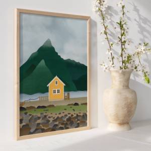 Norwegen Poster Reise Kunstdruck Skandinavien - Gelbes Haus im Fjord - Wanddeko Norwegen - Skandinavien Poster - Schwede Bild 5