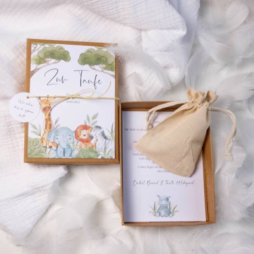 Geschenkschachtel Geldgeschenk Taufe SAFARI Box personalisiert mit Namen und Baumwollsäckchen Patenkind Geschenk