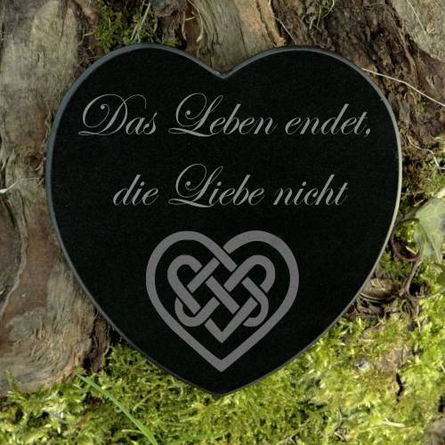 Grabdekoration Herz Marmor mit keltischem Herz - Trauerspruch Gravur Das Leben endet, die Liebe nicht - Gedenkstein Grab