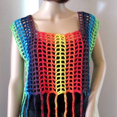 Kurzes Netz-Top mit Fransen, Crop Top, Häkeltop, Top, Shirt