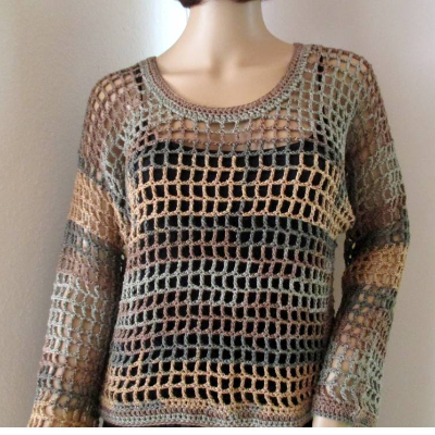 Einzigartiger Netz-Pullover aus Garn mit Viskose und Leinen, Shirt, Überwurf, Pulli, Tunika, gehäkelt
