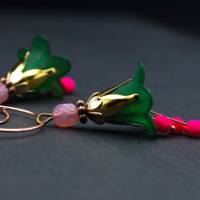 Creolen Ohrringe mit Blüten, dunkelgrün, pink, neon pink Bild 2