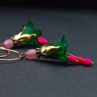 Creolen Ohrringe mit Blüten, dunkelgrün, pink, neon pink Bild 3