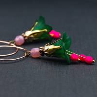 Creolen Ohrringe mit Blüten, dunkelgrün, pink, neon pink Bild 5