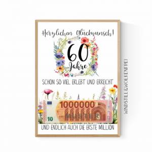 Geschenk zum 60.Geburtstag | Geldgeschenk | Poster| Sechzig | Sechzigster | Blumen Freundin Oma Bild 1