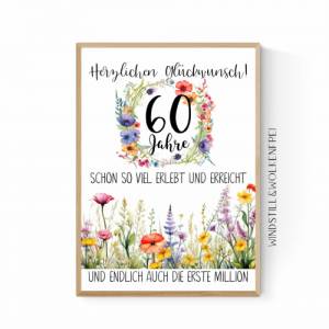 Geschenk zum 60.Geburtstag | Geldgeschenk | Poster| Sechzig | Sechzigster | Blumen Freundin Oma Bild 2