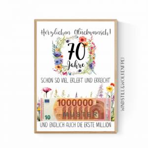 Geschenk zum 70.Geburtstag | Geldgeschenk | Poster| Siebzig | Siebzigster | Blumen Bild 1