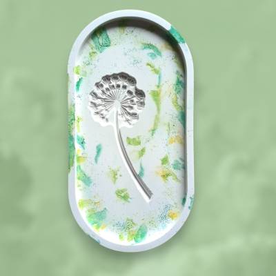 Raysin Schale oval mit Relief Pusteblume, Tablett zur Aufbewahrung, grün, Schmuckschale