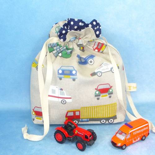 Stabiler Krimskramsbeutel für Kinder (M) mit bunten Autos | Spielzeugbeutel | Geschenkbeutel für Ostern